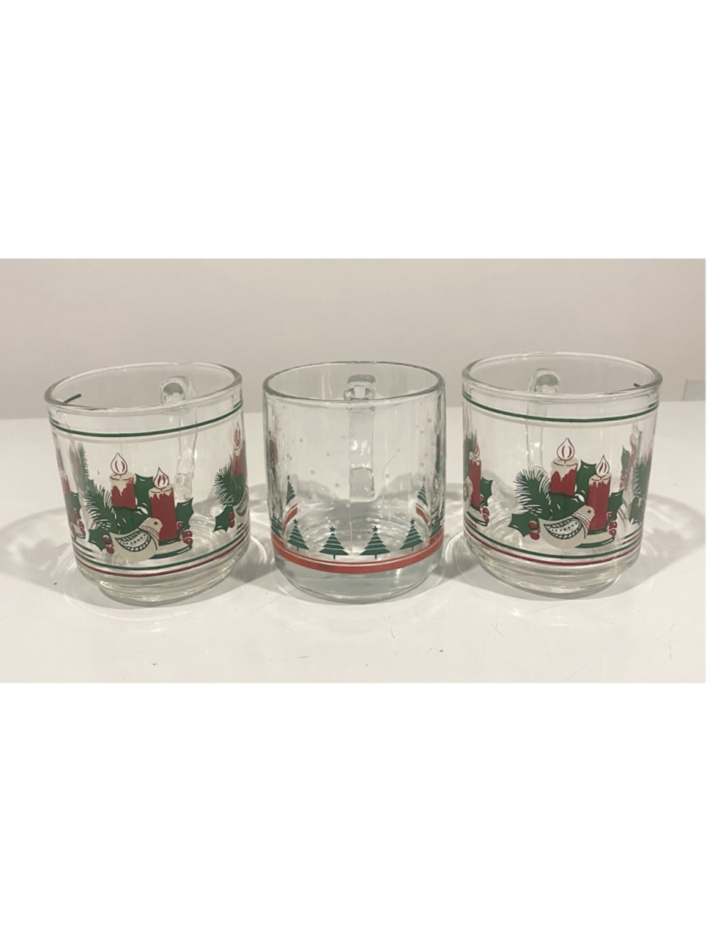 KIG Group Christmas Glass Mugs Lot of 3 Candles Birds Trees Made in Canada